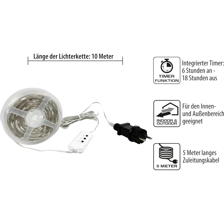 Northpoint LED-Lichterkette LED Effektlichterkette mit Musiksensor 100 LEDs IP44 10m lang Timer – Bild 2