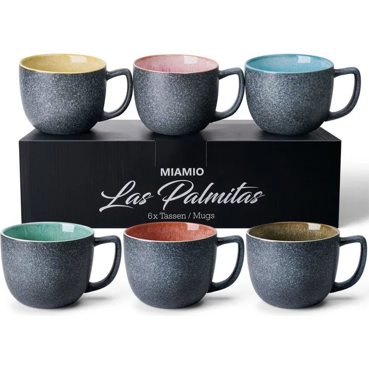MiaMio Becher Las Palmitas groß, 470 ml, außen dunkelgrau innen bunt, 6-tlg, Keramik, 470 ml, außen dunkelgrau und innen farbig