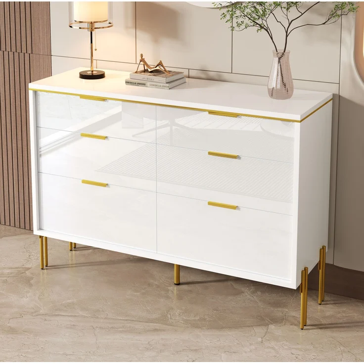 DESVIAE Sideboard mit 6 Schubladen 120x85,5x40 cm Spanplatte Weiß mit Hochglanzfronten – Bild 6