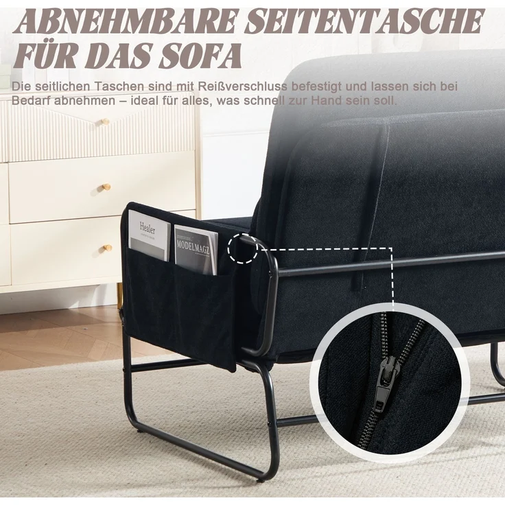 ZUBALIYA Schlafsofa 85x92 cm, mit Stauraum, mit Chenille - Bezug, mit breiten Armlehnen, mit Schaumstoffpolsterung, Schwarz – Bild 5