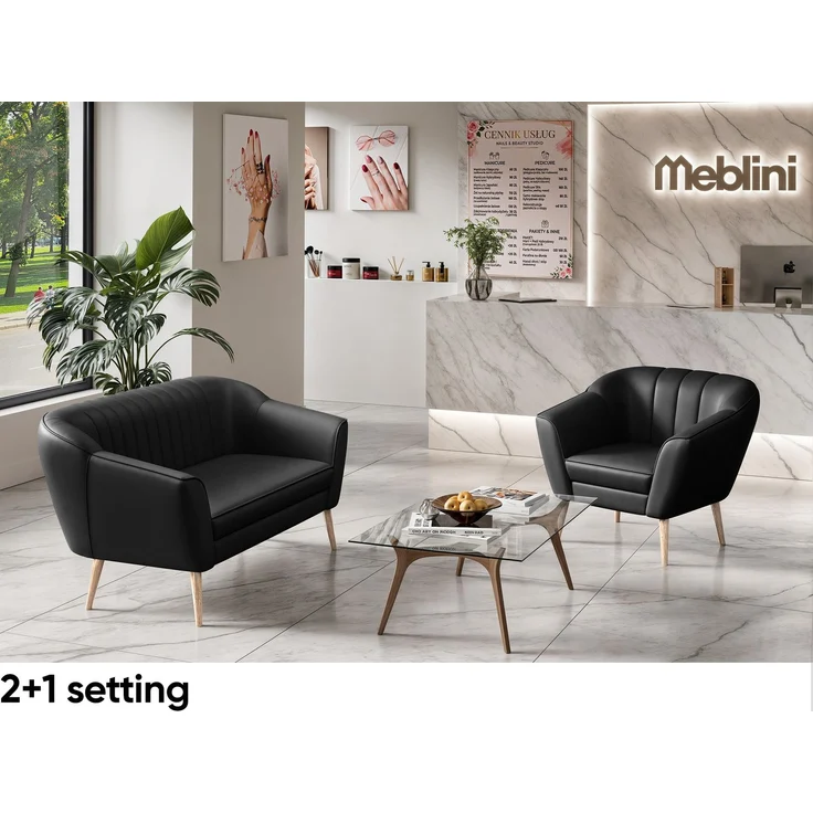MEBLINI Mini Sofa Set 2-1-1 für Wohnzimmer - Mini Lounge für vier Personen - Küchensofa - Sofa Klein - Sitzgarnitur - Polstergarnitur - Sofagarnituren - KAIA - 2+1+1 - Schwarz Kunstleder – Bild 5
