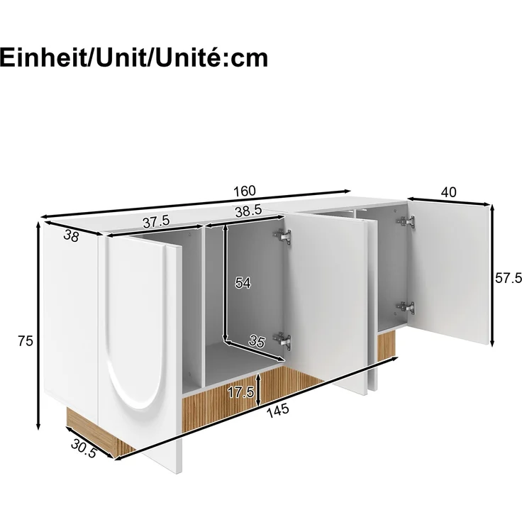 ZUBALIYA Sideboard 160x38x75 cm, mit 4 Türen, aus Spanplatte, Weiß / Holzfarben – Bild 5