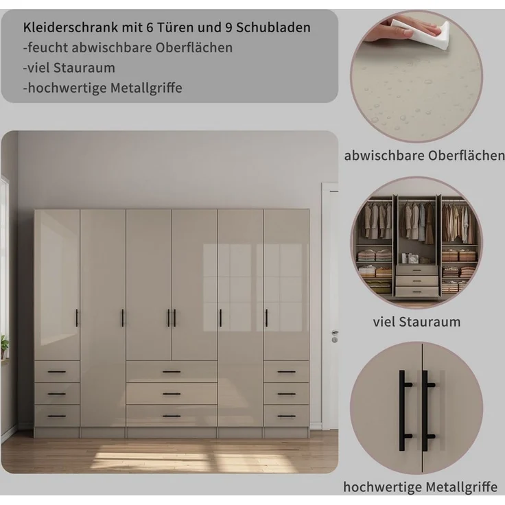 OTTO home Kleiderschrank Trento Schlafzimmerschrank Garderobe Hochglanz Bestseller Schrank mit 6 Türen und 9 Schubladen, höchglänzende Fronten – Bild 2
