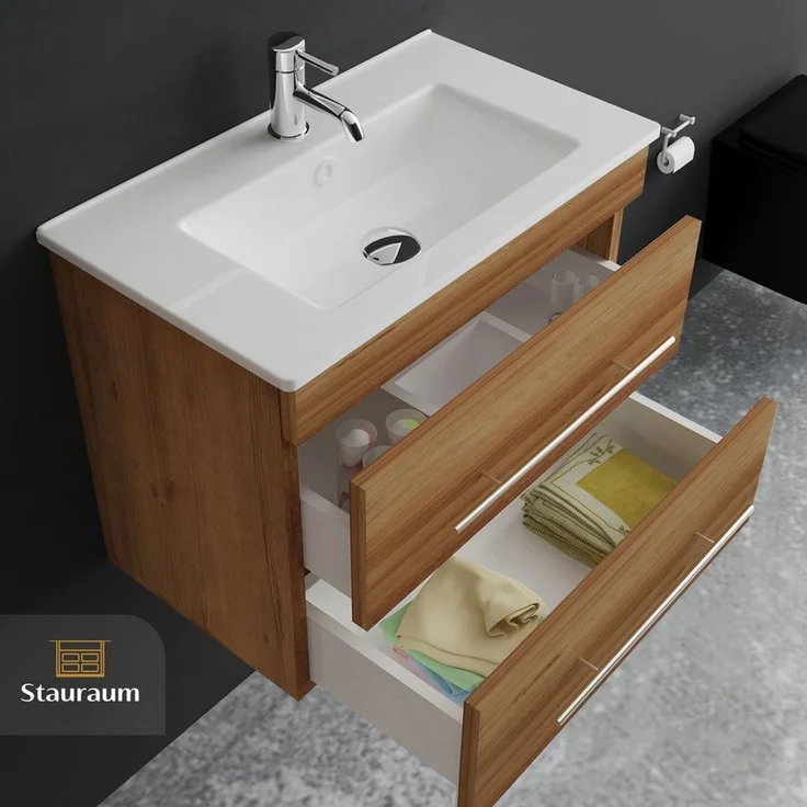 Alpenberger Badmöbel-Set Waschbecken mit Unterschrank - Waschbeckenunterschrank mit Schubladen, (Badezimmerschrank - Bamboo, Schrank Badschrank - 70 cm), Gäste WC & Badezimmer Set - Waschtisch mit Nano – Bild 4