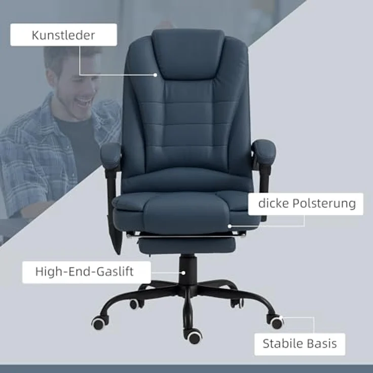 Vinsetto Bürostuhl, Drehstuhl mit 7-Punkt-Massagefunktion, verstellbarer Rückenlehne und einklappbarer Fußstütze, Blau, Kunstleder, 79x121x67 cm – Bild 8