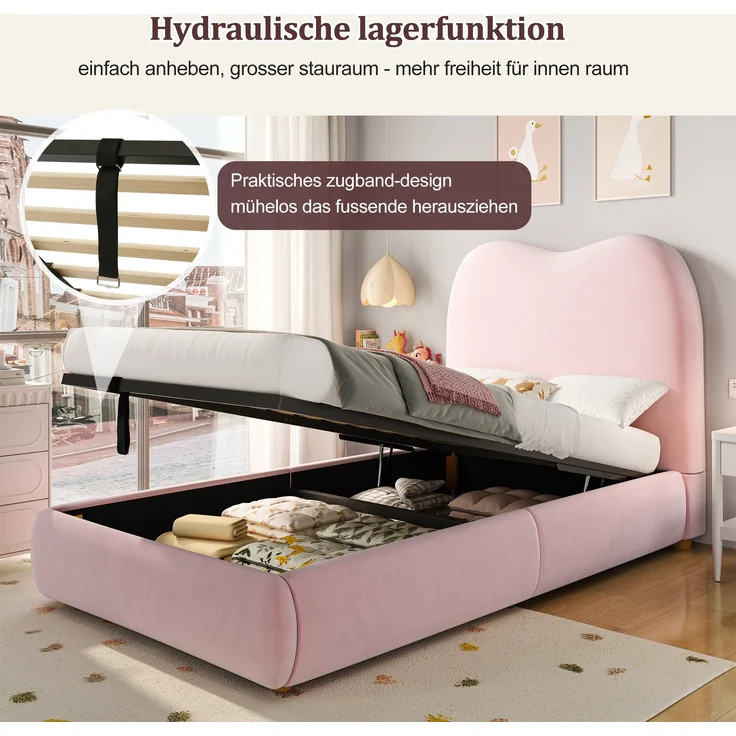 Polsterbett Einzelbett Kinderbett, hydraulisches Funktionsbett mit Lattenrost Kopfteil großem Stauraum, Samt, Rosa, 90 x 200 cm – Bild 6