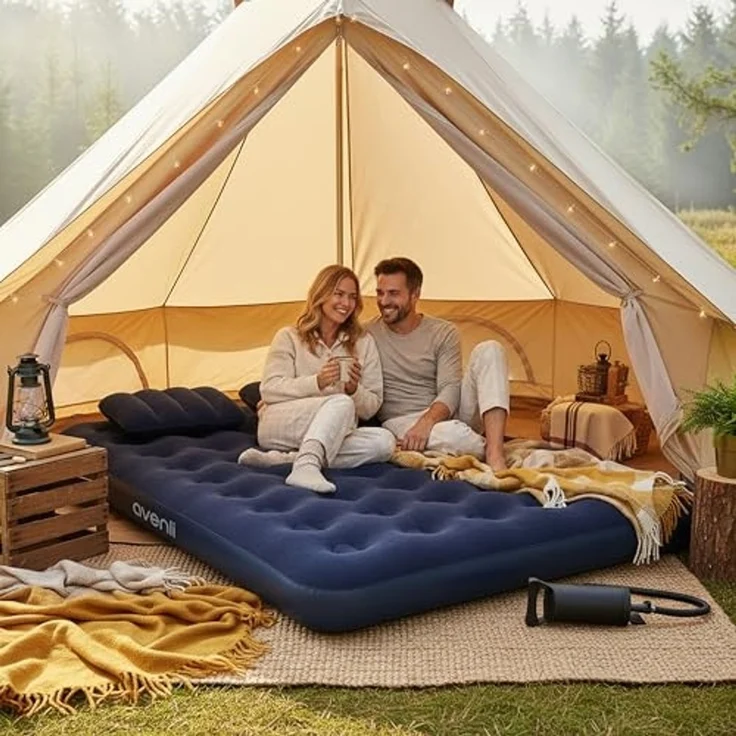 Avenli Luftmatratze Luftbett Camping für 2 Personen mit Pumpe & 2 Kissen 203 x 152 x 22 cm, (aufblasbar Ideal als Reisebett oder Isomatte, Set mit Luftpumpe und Kissen), Indoor und Outdoor mit beflockter Oberfläche – Bild 3