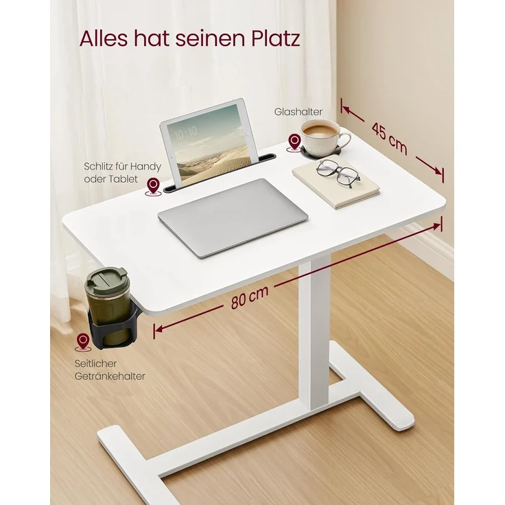 VASAGLE Beistelltisch mit Rollen, mobiler Stehtisch, 80 x 45 cm große Tischplatte, verstellbare Höhe, 2 Getränkehalter, Schlitz für Handy oder Tablet, wolkenweiß – Bild 3
