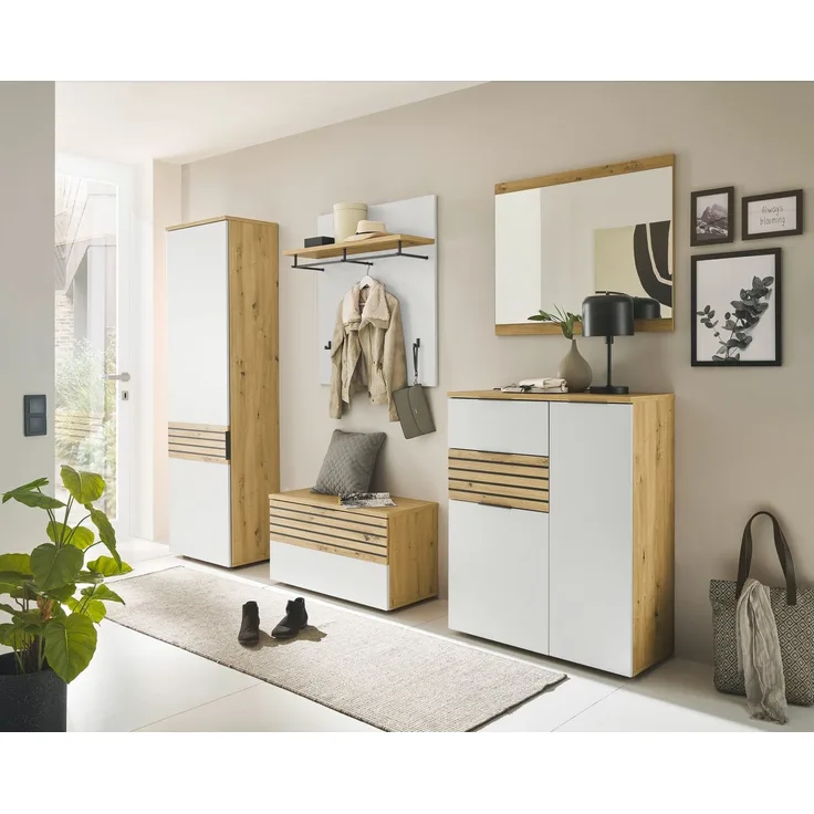 HBZ Garderoben-Set MILAN, (Komplett-Set, Garderobenschrank + Paneel + Bank + Spiegel + Schuhkommode)