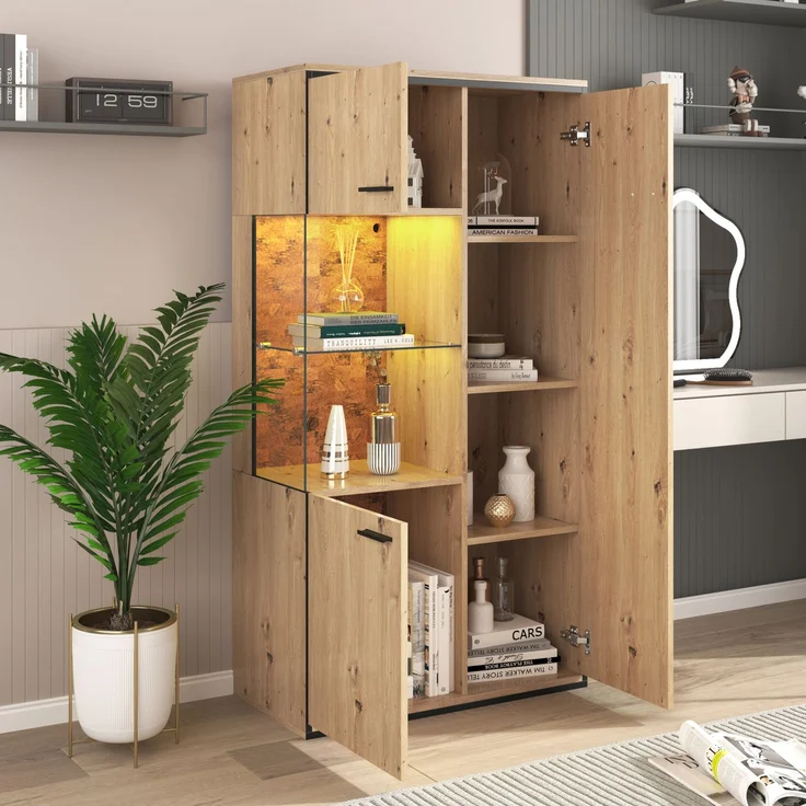 Merax Moderne Vitrine mit LED-Beleuchtung - 150Hx78Bx40Tcm - Glastür, Mehrzweckregale, 15 Farboptionen, Schaukasten – Bild 4