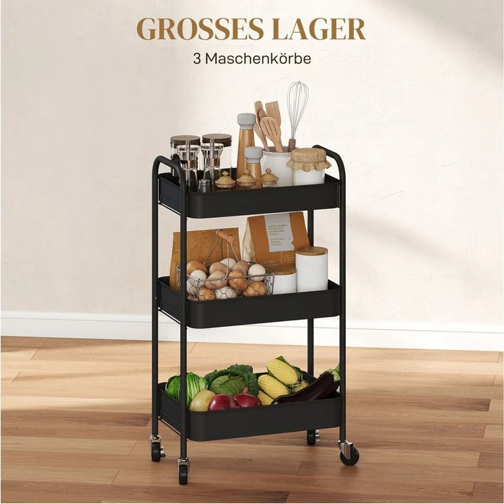 HOMCOM Servierwagen Rollwagen mit 3 Gitterkörbe Rollen Griffe Haken, (Küchenwagen, 1 St, Rollwagen), für Küche, Wohnzimmer, Stahl, Schwarz – Bild 3