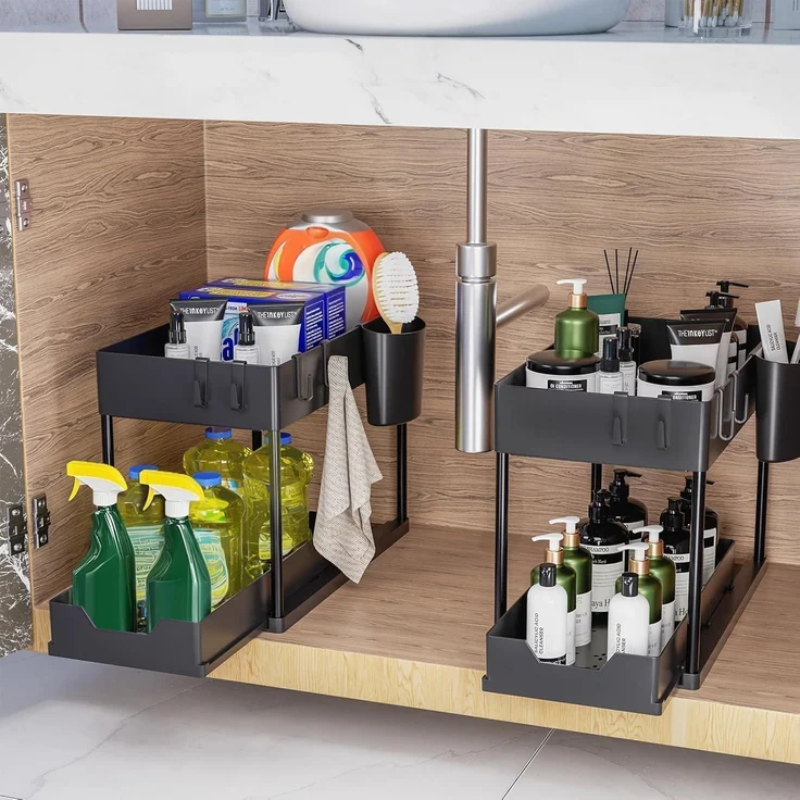 Puricon 2 Set Unter Waschbecken Regal 2 Etagen Küchenregal Schwarz – Bild 2