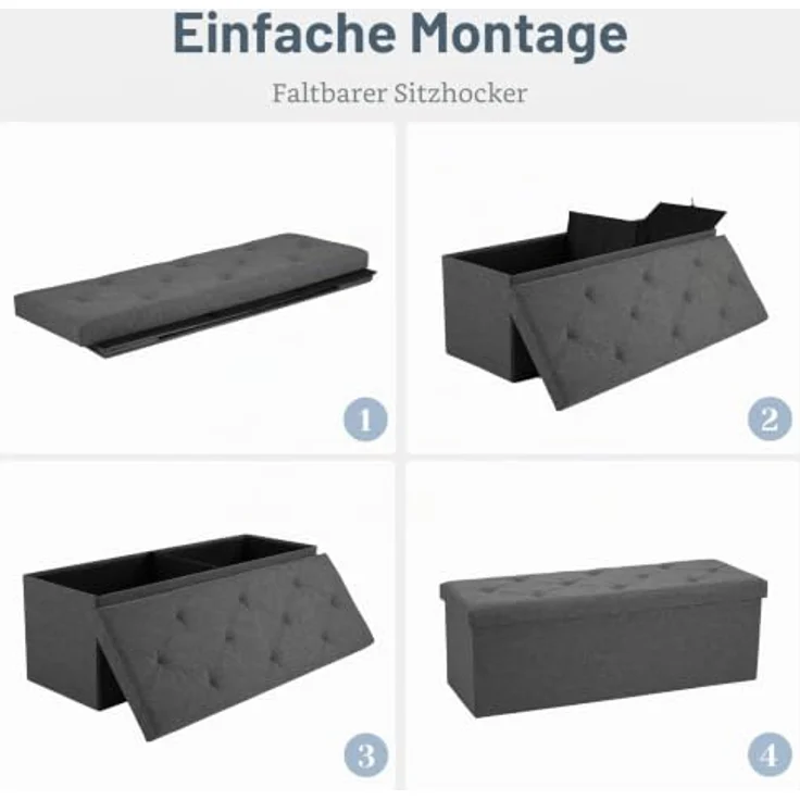 DUMOS 109cm Aufbewahrungs-Hockerbank, Aufbewahrungsbox, Bettfußbank mit gepolstertem Sitz, Schlafzimmerbank für Wohnzimmer, Tragkraft 300kg, Grau – Bild 4