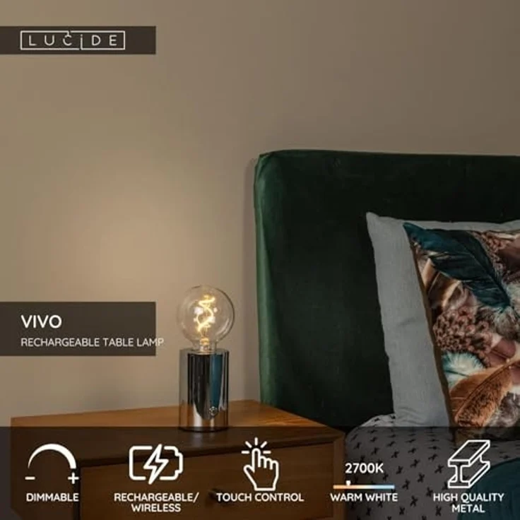 LUCIDE VIVO - wiederaufladbare Tischlampe - Akku/Batterie - Ø 8 cm - LED Dim. - E27-1x1W 2700K - Chrom – Bild 3