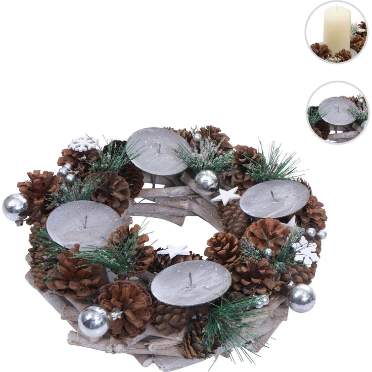 Adventskranz HWC-M15, Adventsgesteck Tischkranz Weihnachtsdeko Tischdeko, Holz MVG silber Ø 32cm ~ ohne Kerzen – Bild 9