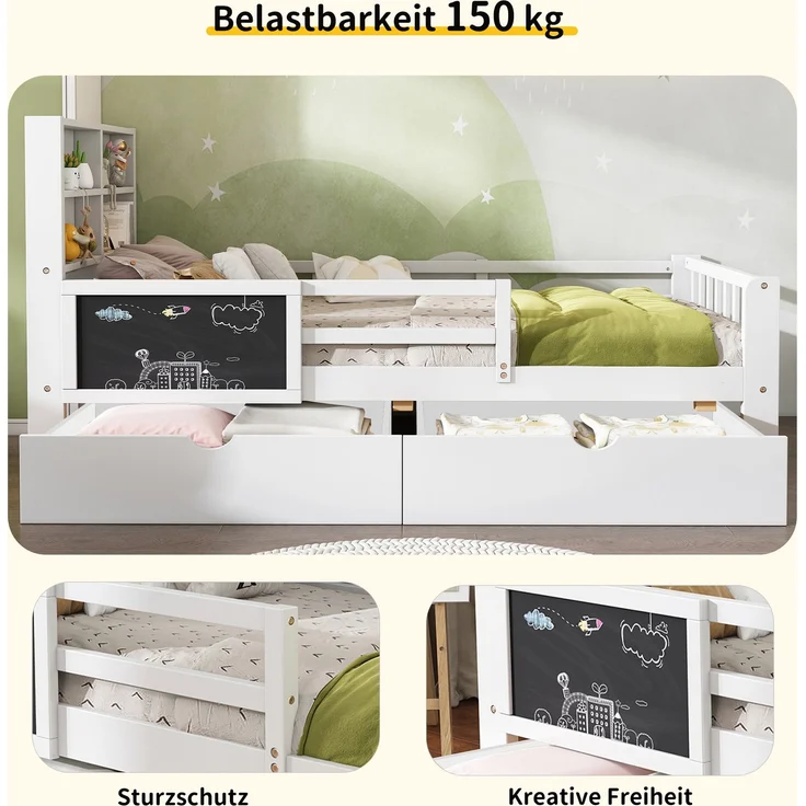 Kinderbett 90x200 cm in Weiß mit Tafel, Sicherheitsleiste und 2 Schubladen – ohne Matratze – Bild 9