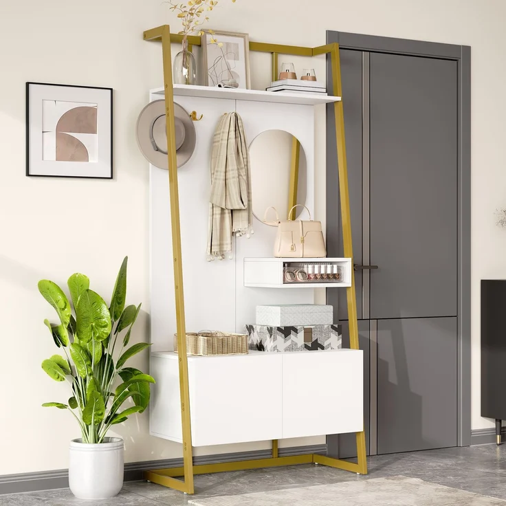 Faumrta Moderne minimalistische Kompaktgarderobe, offener multifunktionaler Aufbewahrungsschrank mit Spiegel, Metallhaken,Garderobenständer mit Schuhbank, Garderobe, Schuhaufbewahrung,Kleiderständer,78CM*38.5CM*180.5CMWeißMDF (Medium-Density-Faserplatte) – Bild 6