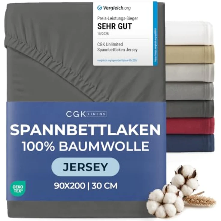 Spannbettlaken Jersey 90x200 - Baumwolle Boxspringbett 30cm - Anthrazit | Spannbetttuch, Rundumgummi, Dehnbar, Weich, Atmungsaktiv, Knitterfrei, Pflegeleicht, Baumwoll-Jersey, Bis 30cm, OEKO-TEX – Bild 1