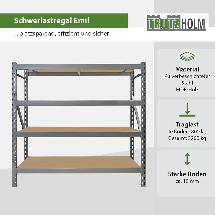 Schwerlastregal Emil 180x190x60 cm 3200 kg aus Stahl Stecksystem 4 Fachböden Pickregal Lagerregal – Bild 3