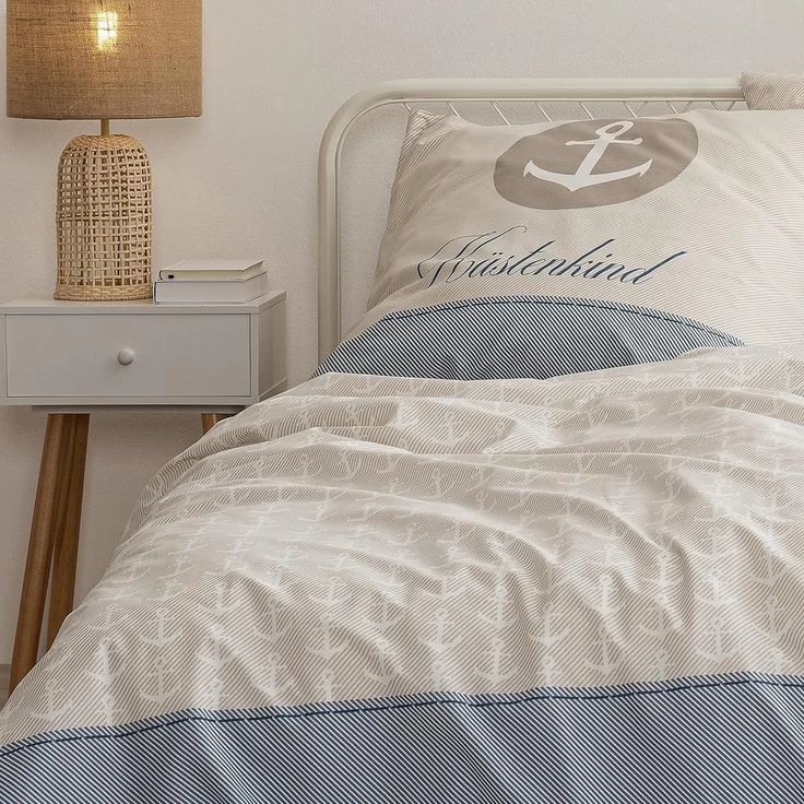 MTOnlinehandel Bettwäsche Küstenkind Anker, 100% Baumwolle, ideal als Partnerbettwäsche, Renforcé, 2 teilig, maritime Anker Bettwäsche gestreift – Bild 1