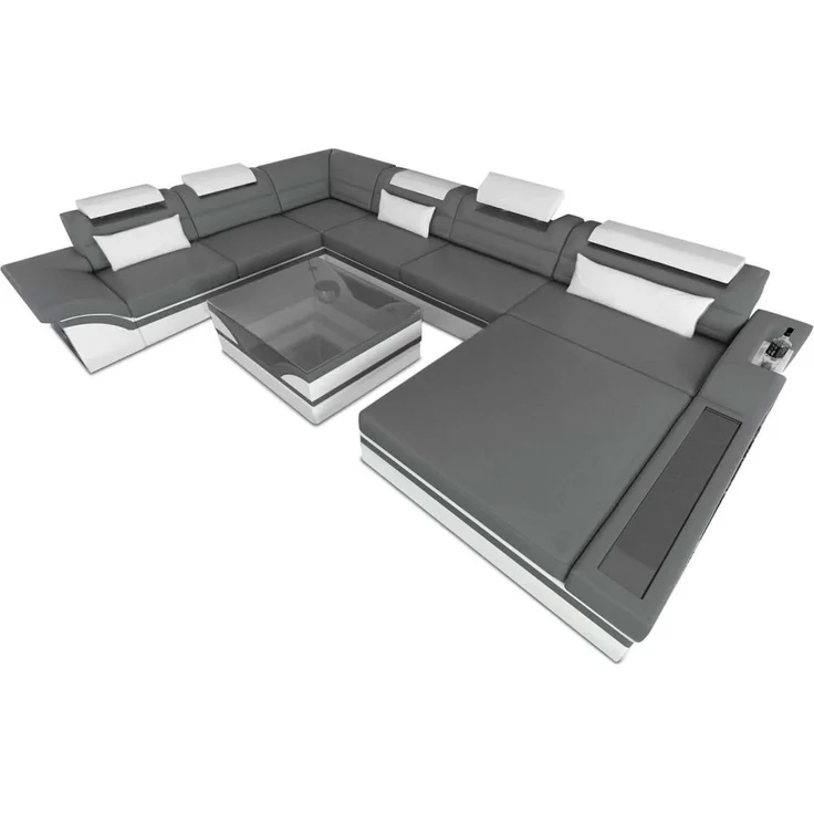 Mini Designer-Wohnlandschaft Mezzo XXL mit LED - Büffelleder - Grau-Weiß - Rechts – Bild 1