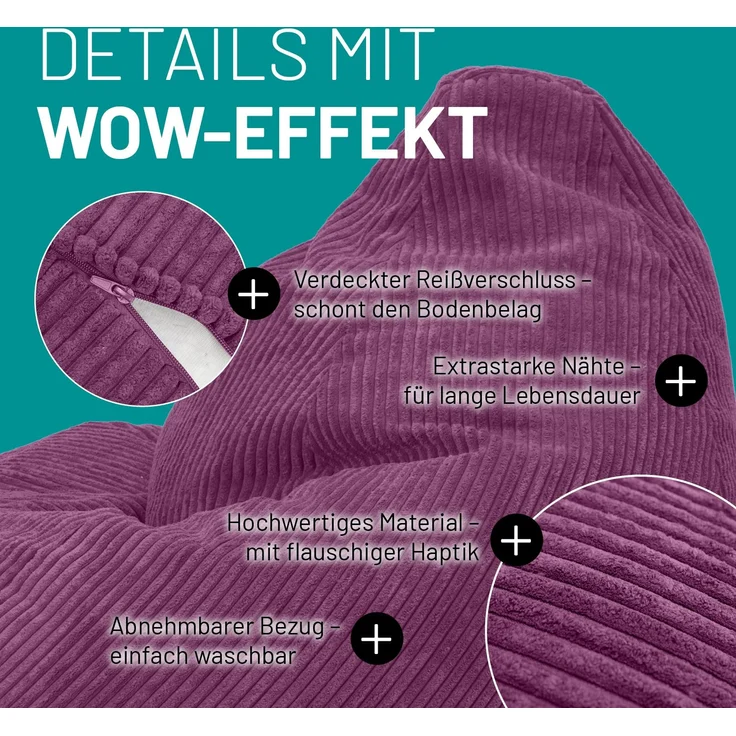 Lumaland Sitzsack Gaming-Sitzsack Cord 350l weinrot, supersofte Füllung EPS-Perlen – Bild 5