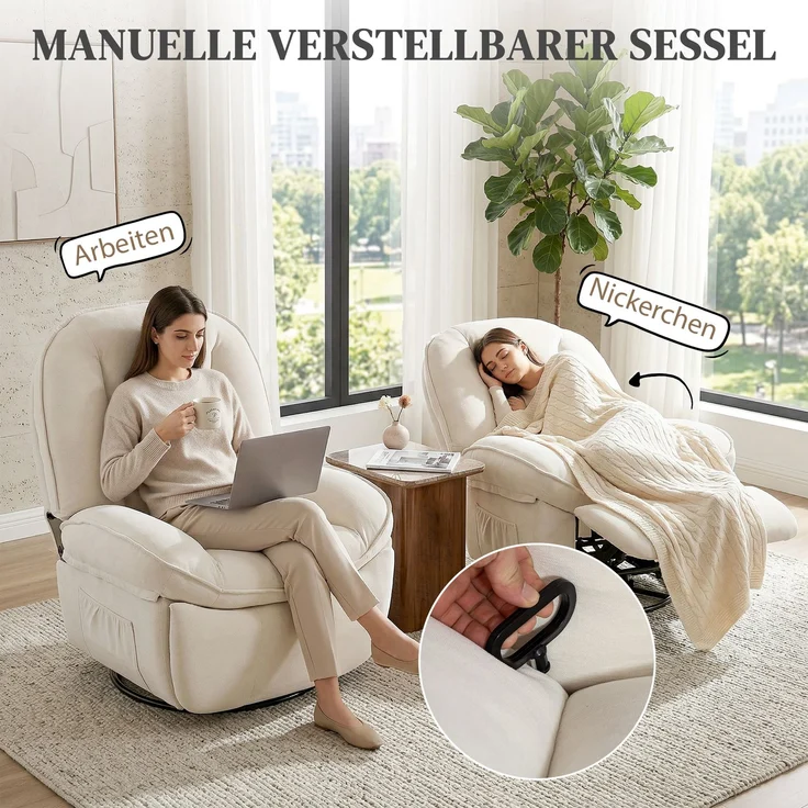 Wohnora-Relaxsessel, Drehbarer Schaukel- und Liegestuhl mit Tiefer Sitzfläche, Dickem Rückenpolster, Einfacher Montage, Creme,H 1040cm x T 930cm x B 910cm,Cremeweiß – Bild 5