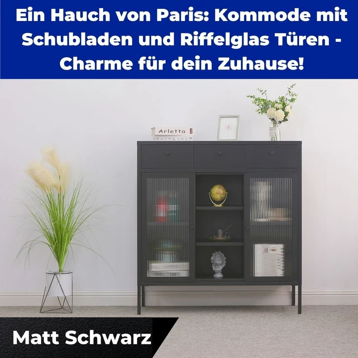 Mein-Regal Kommode Paris aus Metall mit Schubladen und Glastüren Schwarz – Bild 6