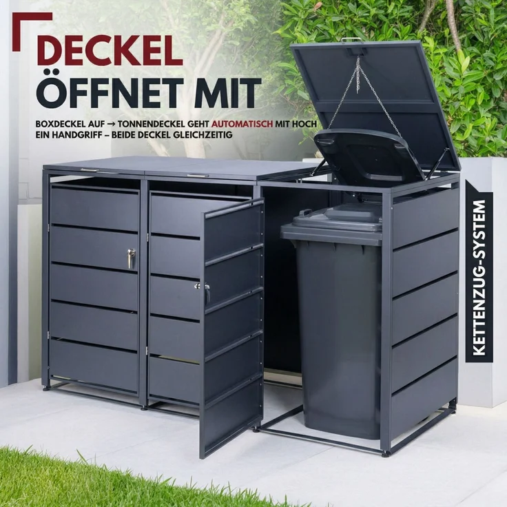 Albatros Mülltonnenbox 3er Tonne | bis 240 Liter | Anthrazitgrau RAL 7016 | verzinkter Stahl | Premium Dämpfer| Aufkleber-Set | wetterfest| verstellbare Füße| Türgriff mit Schloss | Gartenbox | entwickelt in Deutschland – Bild 6