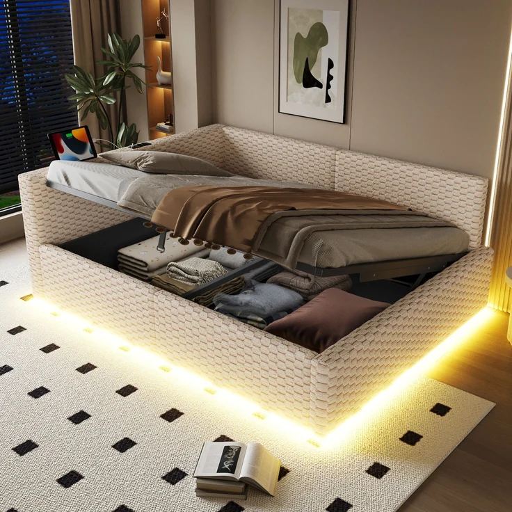 Merax Polsterbett 140 x 200 cm, Doppelbett, Jugendbett mit LED-Beleuchtung, Tape-C und zwei USB-Anschlüssen, L-förmiger weicher Rückenlehne, Samtstoff, Hydraulischem Bettgestell, Beige – Bild 2