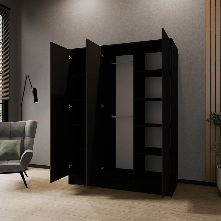MEBLINI Kleiderschrank GALINDA 150cm - Schwarz Matt - griffloser Drehtürenschrank ohne Spiegel - Push-to-Open - mit Kleiderstangen und Regalböden – Bild 4