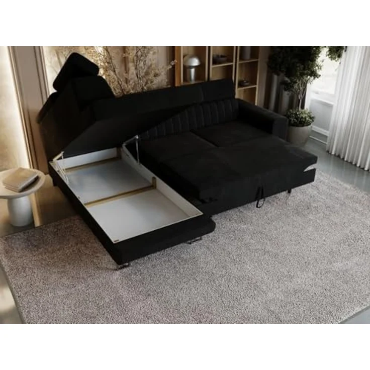 GrainGold Ecksofa mit Schlaffunktion und Bettkasten BERONA L - 255x190 cm, Schwarz, verstellbare Kopfstützen, Samt – Bild 7