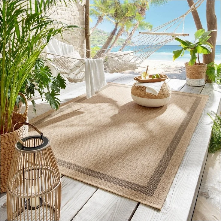 TaraCarpet Teppich Outdoor & Indoor Teppich wetterfest Borneo Sisal-Jute-Optik naturfarbe, rechteckig, Höhe: 10 mm, Kurzflor Bordüre In & Outdoor Balkon Terrasse Wohnzimmer 67x180 – Bild 2