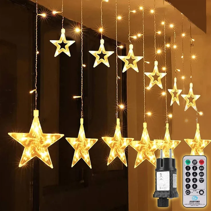 Salcar LED-Lichterkette 2m Sterne LED Lichterkette Außen Lichtervorhang Innen Weihnachten, 8 Beleuchtungsmodi und Memory-Funktion mit Fernbedienung Warmweiß – Bild 1