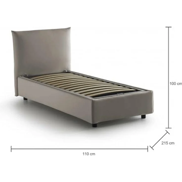 Talamo Italia - Einzelbett Marina, Stauraumbett mit Stoffbezug, 100 % Made in Italy, seitliche Öffnung, geeignet für Matratze 80x190 cm, taubengrau – Bild 2
