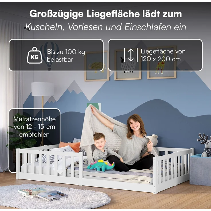 Bellabino 'Vere' Bodenbett 120x200 cm mit Matratze, weiß, Massivholz Kiefer, Montessori Kinderbett mit Rausfallschutz und Lattenrost – Bild 6