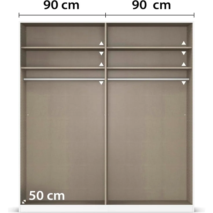 Rauch Möbel Alabama, Kleiderschrank, Garderobenschrank, 4-türig, Zubehör Basic, 2 Kleiderstangen, 4 Einlegeböden, Farbe Hochglanz Weiß/Eiche Artisan, Holz, Griff Grau metallic, 181 x 229 x 54 cm – Bild 7