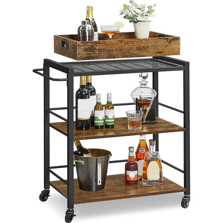 Vasagle Servierwagen mit abnehmbarem Tablett, feststellbarer Küchenwagen mit Universalrollen, Küchenregal, 65 x 40 x 86 cm, stabiles Metallgestell, Industrie-Design, Vintage, dunkelbraun von Songmics LRC72X