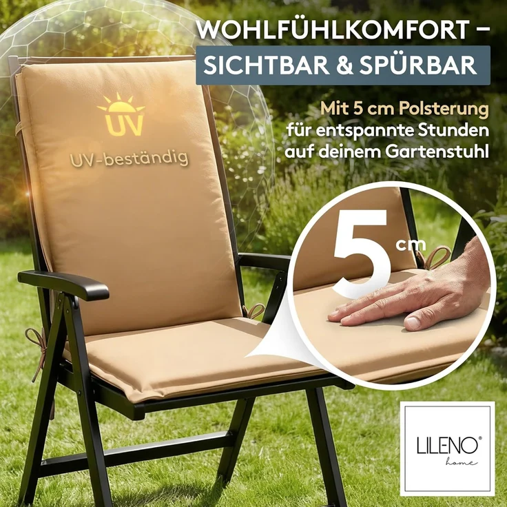LILENO HOME Gartenstuhl Auflagen [1er Set - Hochlehner] in Taupe - bequeme Liegen als Sitzauflagen für Gartenmöbel - Stuhlkissen für Gartenstühle und Klappstühle MIA – Bild 3