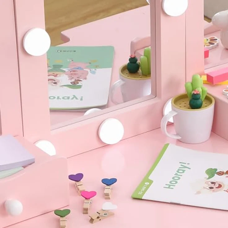 GarveeLife Schminktisch für Kinder, Schminktisch mit Hocker, 3 LED-Spiegel und 5 Schubladen, Schminktisch aus Holz für kleine Mädchen von 3 bis 6 Jahren – 70 x 34 x 100 cm, Rosa – Bild 7