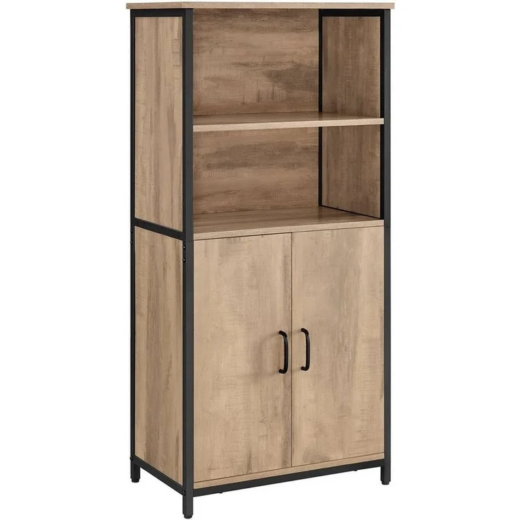 Vasagle Küchenschrank, Bücherregal, 2 offene Fächer, Schrank mit verstellbaren Ablagen, Bücherschrank mit Türen, Stahlrahmen, für Wohnzimmer, Küche, Arbeitszimmer, eichenbraun-schwarz CSL066B50 – Bild 1