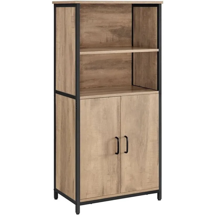 Vasagle Küchenschrank, Bücherregal, 2 offene Fächer, Schrank mit verstellbaren Ablagen, Bücherschrank mit Türen, Stahlrahmen, für Wohnzimmer, Küche, Arbeitszimmer, eichenbraun-schwarz CSL066B50