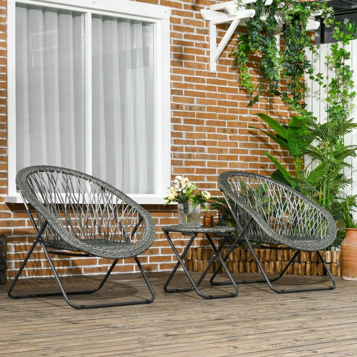 Gartenstuhl-Set mit klappbarem Beistelltisch 46 x 46 x 43 cm, 3-teilig, Grau, Kunstrattan und Stahl