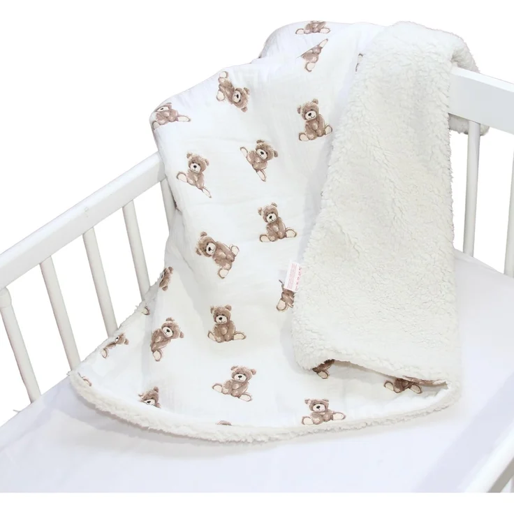 BabyLux Kinderbettdecke Musselin & Teddy Kuscheldecke 100x75 cm – Zweiseitig für Kinderwagen, TD6 - Bärchen