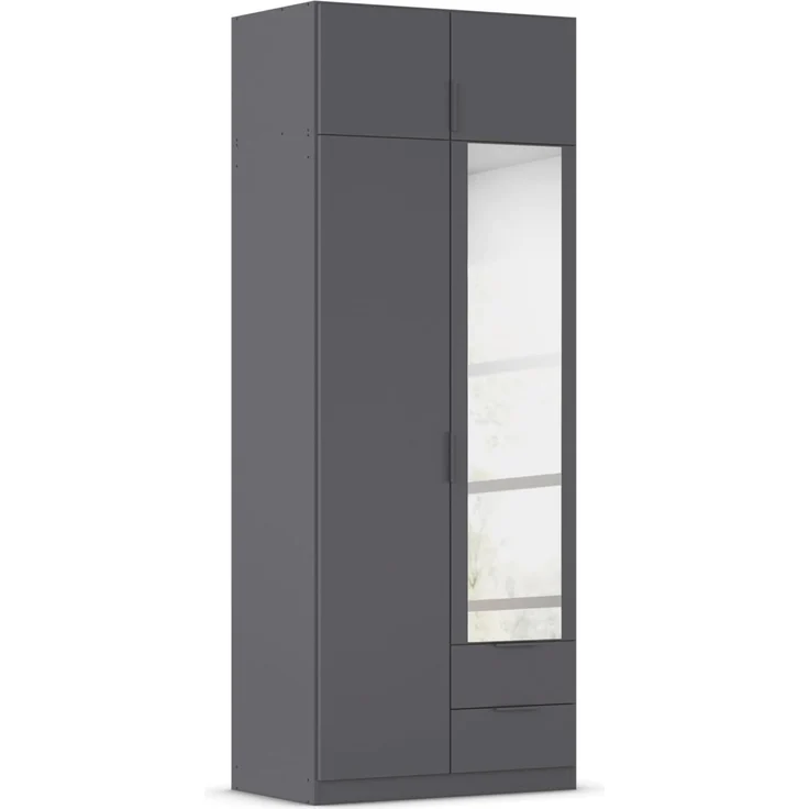 Rauch Möbel Lagoa, Kleiderschrank, Garderobe für Schlafzimmer, Kinderzimmer, Jugendzimmer 4-türig, mit Spiegel, 2 Schubladen, mit Zubehör Premium, Farbe Grau metallic, Schwarz, Breite 91 cm – Bild 1