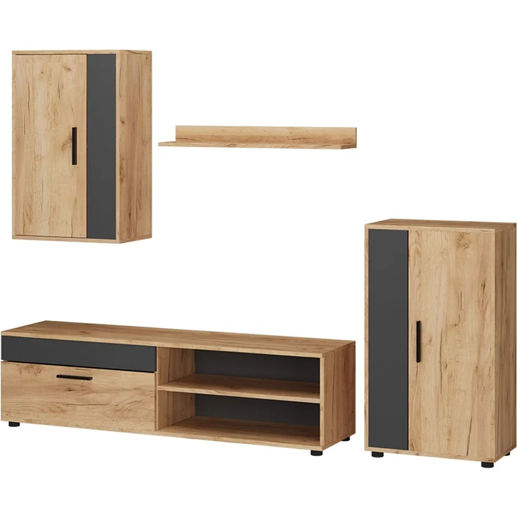 Wohnwand Berno Goldkraft Eiche/Anthrazit 4er Set Vicco – Bild 1