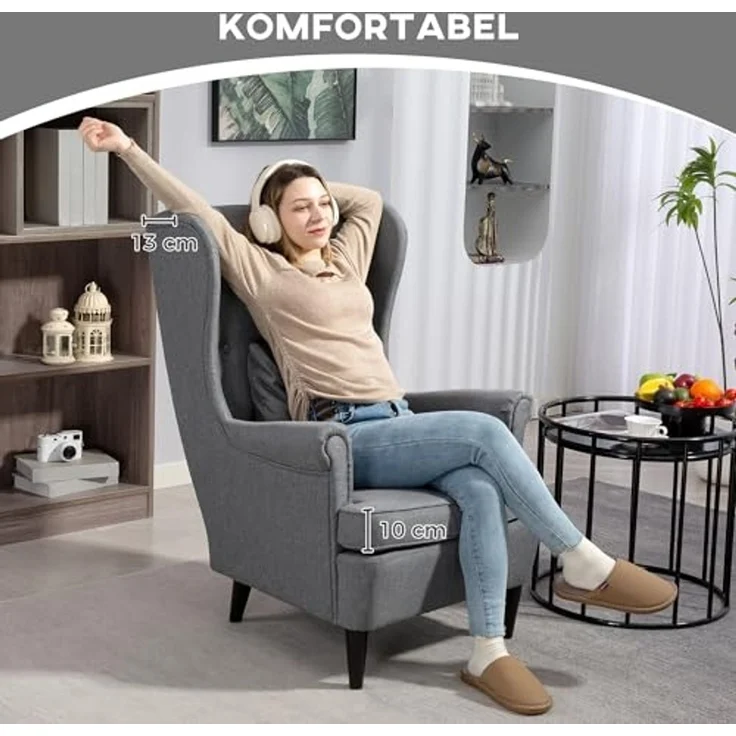 HOMCOM Relaxsessel Ohrensessel mit Hocker, Polsterstuhl mit Liegefunktion (Polstersessel mit hoher Rückenlehne aus Stoff, 2-St, TV-Sessel für Schlafzimmer, Wohnzimmer), 83 x 75 x 104 cm, Grau – Bild 5