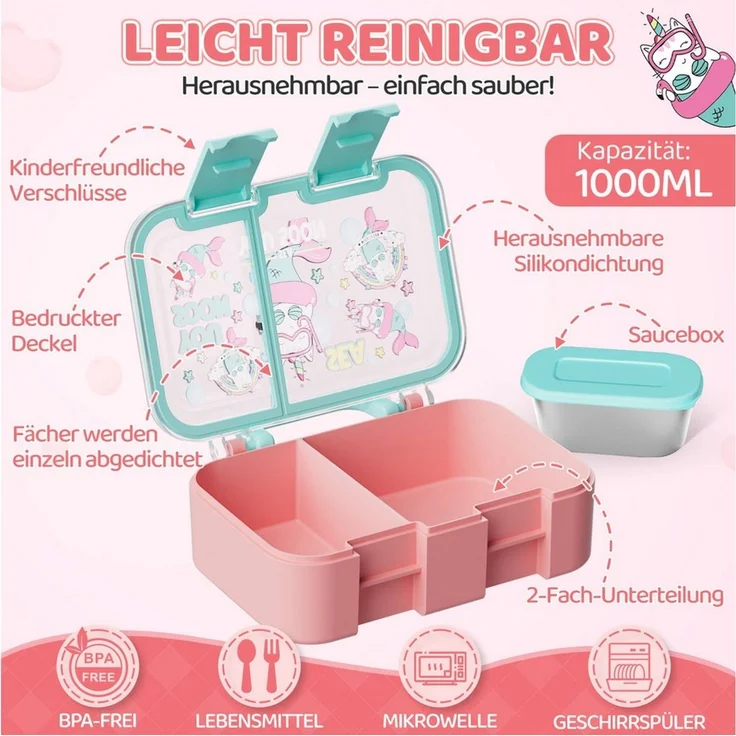 Bundviel Lunchbox Auslaufsichere Kinder-Brotdose mit Fächern im Set, (mit 100ml Edelstahl-Dippschale, Kindergarten und Schule - Mädchen und Jungen, Vesperbox, Snackbox) – Bild 3
