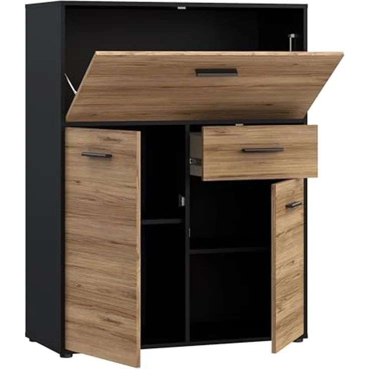 Forte MOKKARO Barkommode 95, Barschrank mit 2 Schranktüren, 1 Schublade, 1 Klappschrank, Mauvella Eiche Dekor/Schwarz, 94,7 cm breit, 123,5 cm hoch, 42 cm tief – Bild 6