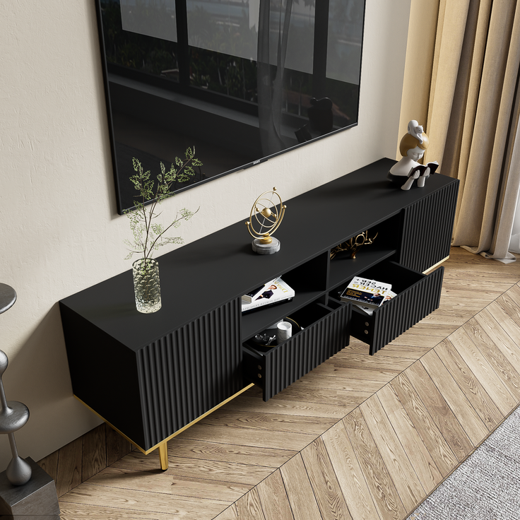 TV-Schrank 165 cm Schwarz mit Gold, Lowboard Sideboard Wohnzimmerschrank, 2 Schubladen, 2 offene Fächer – Bild 6